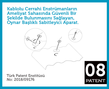 Kablolu cerrahi enstrümanların ameliyat sahasında güvenli bir şekilde bulunmasını sağlayan, oynar başlıklı sabitleyici aparat.